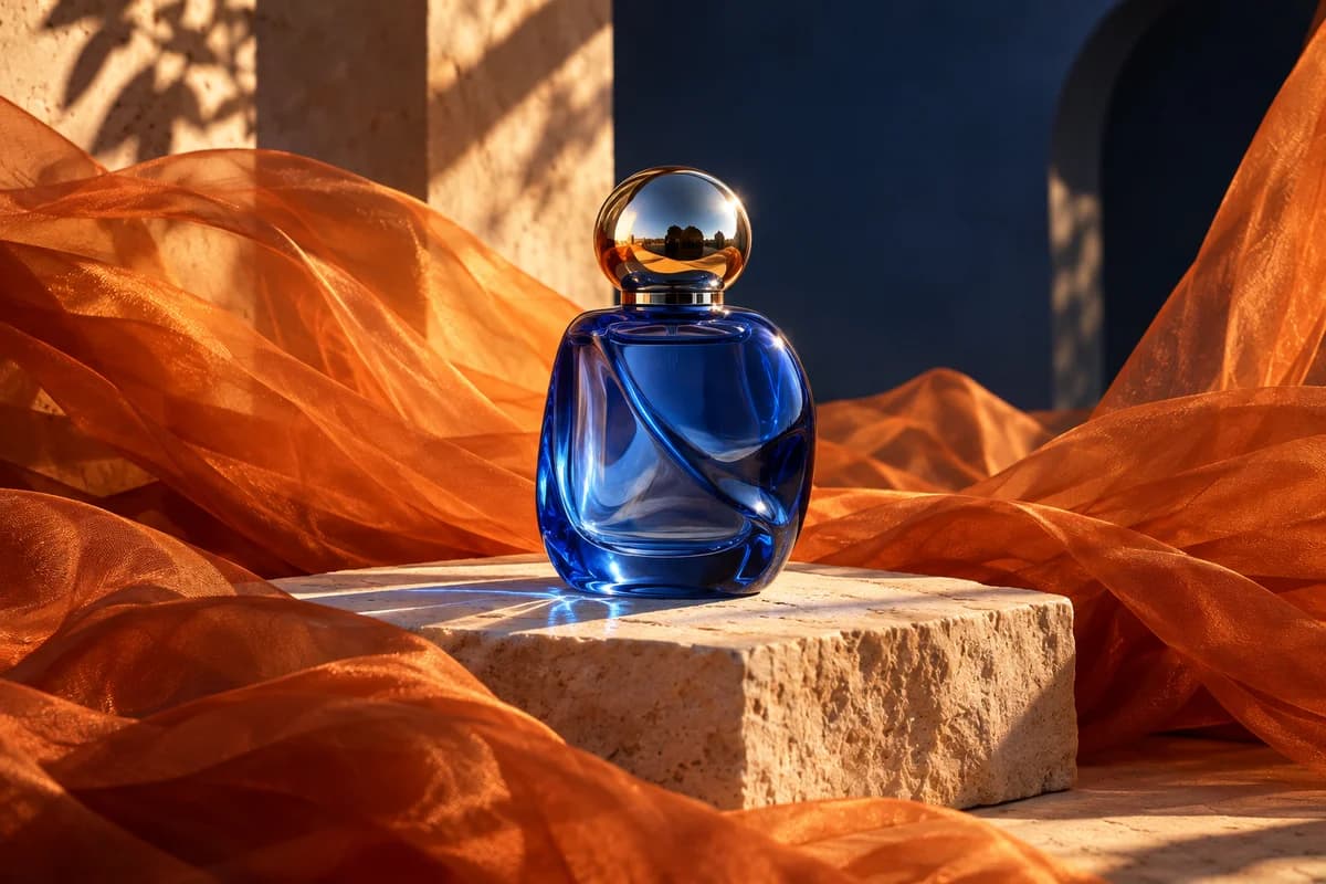AI-generated campaign concept: a cobalt-blue perfume bottle on stone, surrounded by flowing orange silk.